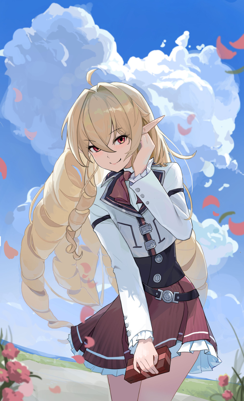 1girl, absurdres, ahoge, bangs, blonde_hair, blue_sky, bow, bowtie