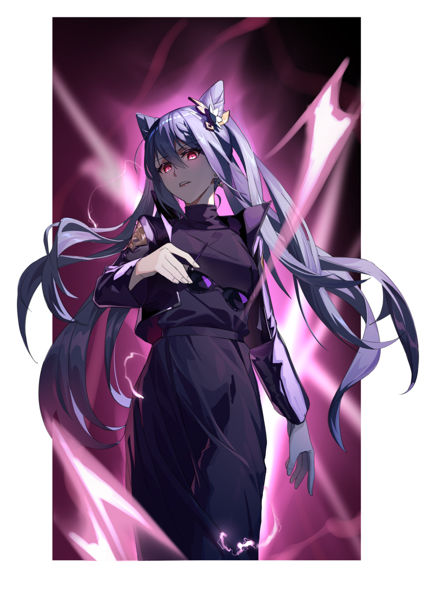 1girl, absurdres, alternate_costume, bangs, border, double_bun, floating_hair, genshin_impact