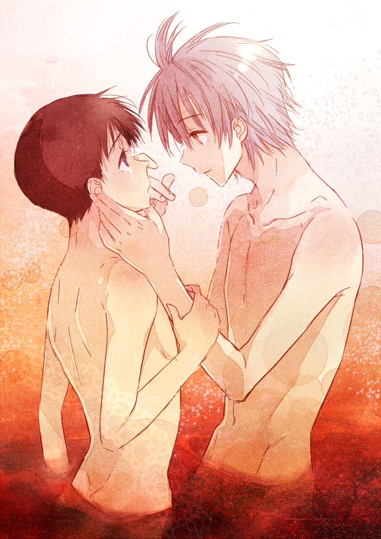 2boys, blush, brown_hair, hug, ikari_shinji, lcl, male, nagisa_kaworu