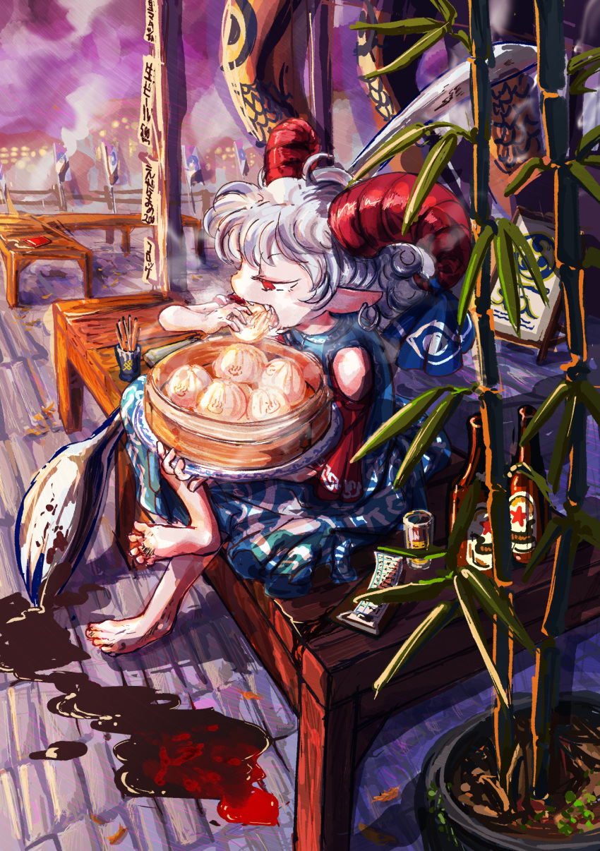 1girl, bamboo_steamer, bangs, baozi, barefoot, beer_bottle, blue_dress, blue_ribbon
