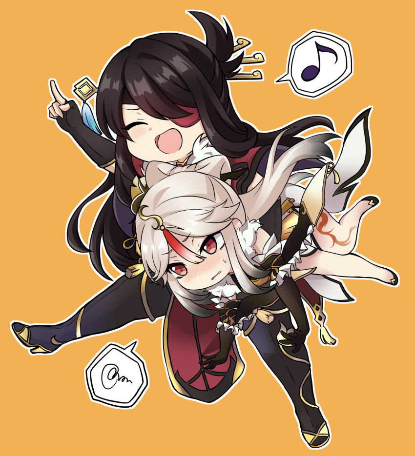 2girls, bangs, beidou_(genshin_impact), black_gloves, blush, chibi, china_dress, chinese_clothes, claw_ring, closed_eyes, colored_eyepatch, detached_sleeves, dress, eyepatch, fur_collar, fur_trim, genshin_impact, gloves, hair_ornament, hair_stick, hairpin, high_heels, highres, index_finger_raised, multiple_girls, ningguang_(genshin_impact), one_eye_covered, open_mouth, parted_bangs, pelvic_curtain, red_eyes, rio_inukai, sidelocks, sweatdrop, tassel, tassel_hair_ornament, white_dress, white_hair, yellow_background