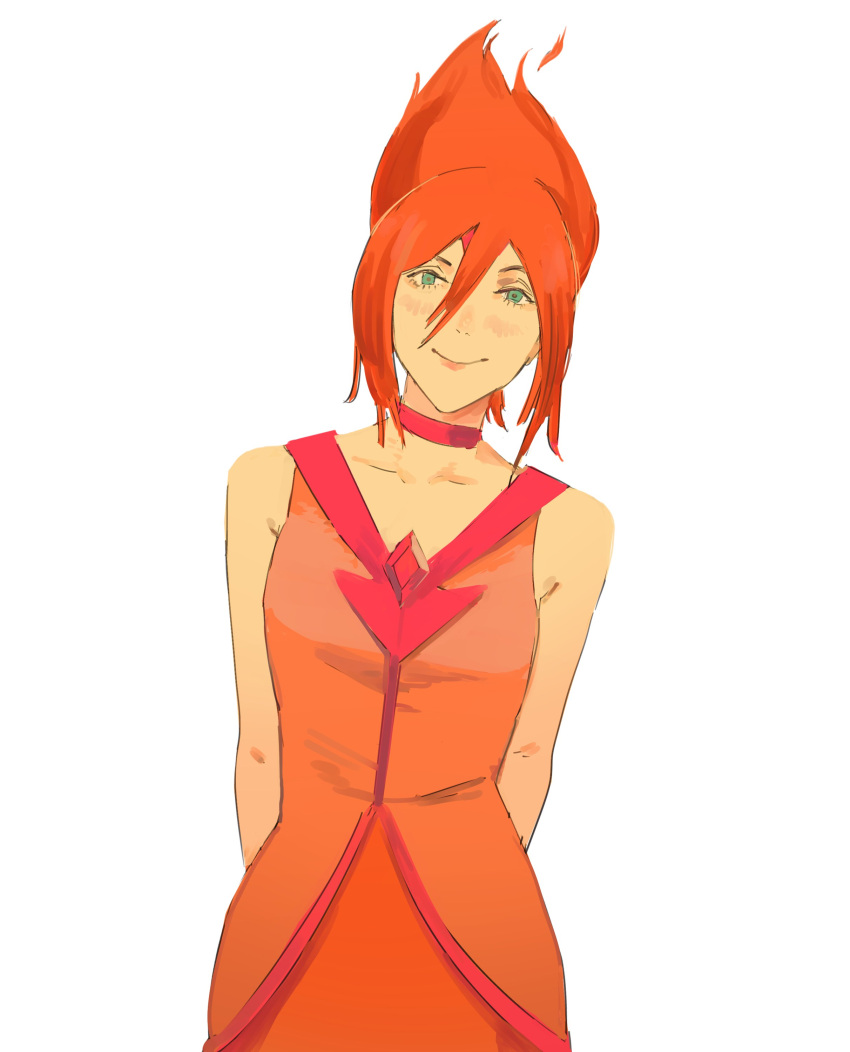 1girl, absurdres, adventure_time, arms_behind_back, chainsaw_man, colored_skin, commentary, cosplay, dress, flame_princess, flame_princess_(cosplay), hair_between_eyes, highres, orange_dress, orange_hair, orange_skin, reze_(chainsaw_man), smile, solo, xyanaid