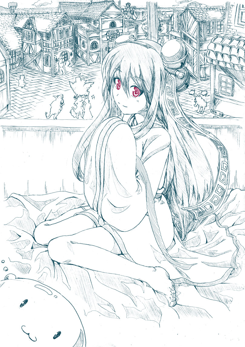 1girl, 6+others, :3, bangs, banner, barefoot, bell, building