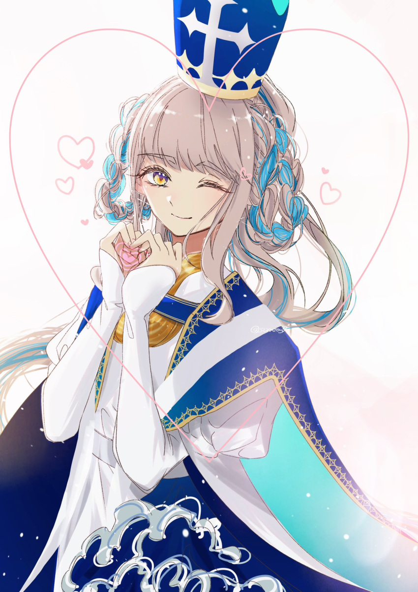 1girl, blue_cape, braid, cape, dress, fate/grand_order, fate_(series), grey_hair