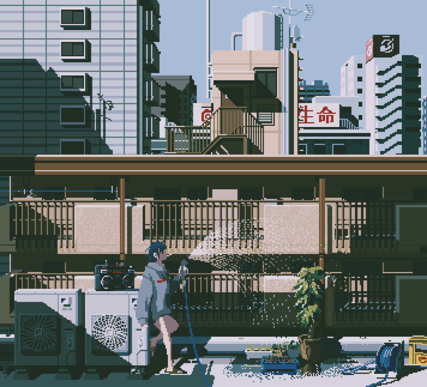 1girl, animated, animated_gif, black_hair, boombox, day, faceless, faceless_female