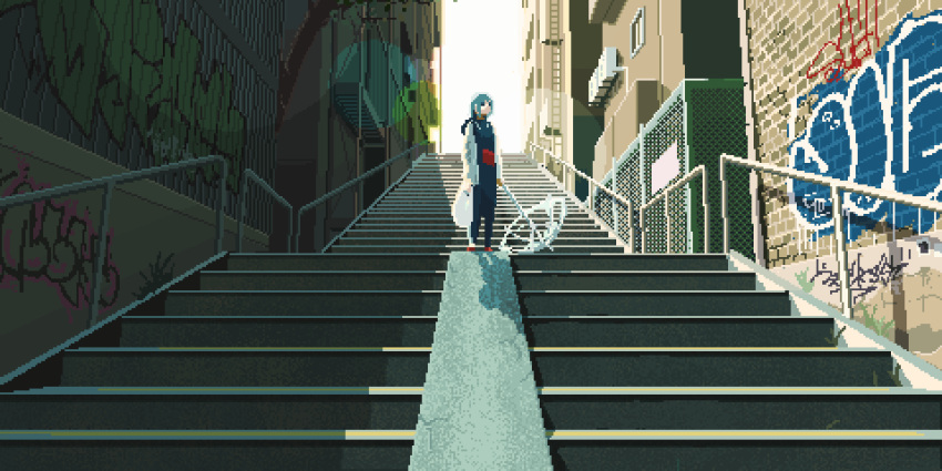 1girl, animated, animated_gif, bag, blue_hair, day, graffiti, highres
