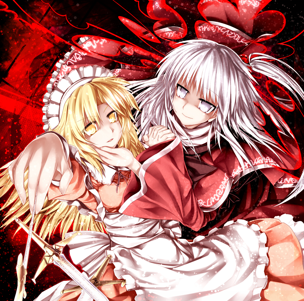 blonde_hair, foreshortening, from_above, hair_bobbles, hair_ornament, hand_on_another's_cheek, hand_on_another's_face, holding_hands