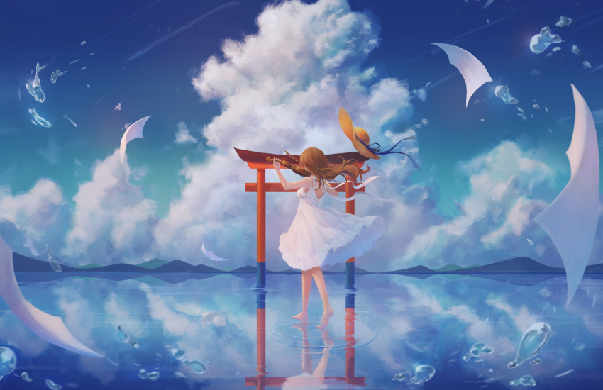 1girl, absurdres, bare_legs, barefoot, blue_sky, bow_(music), breasts, brown_hair