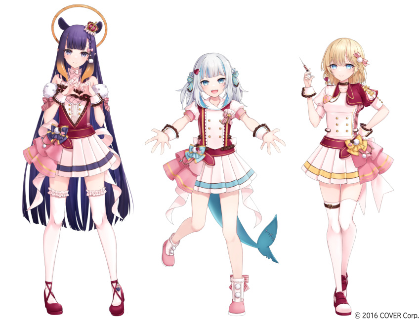 3girls, ankle_boots, bangs, belt, black_hair, blonde_hair, blue_eyes, blue_hair