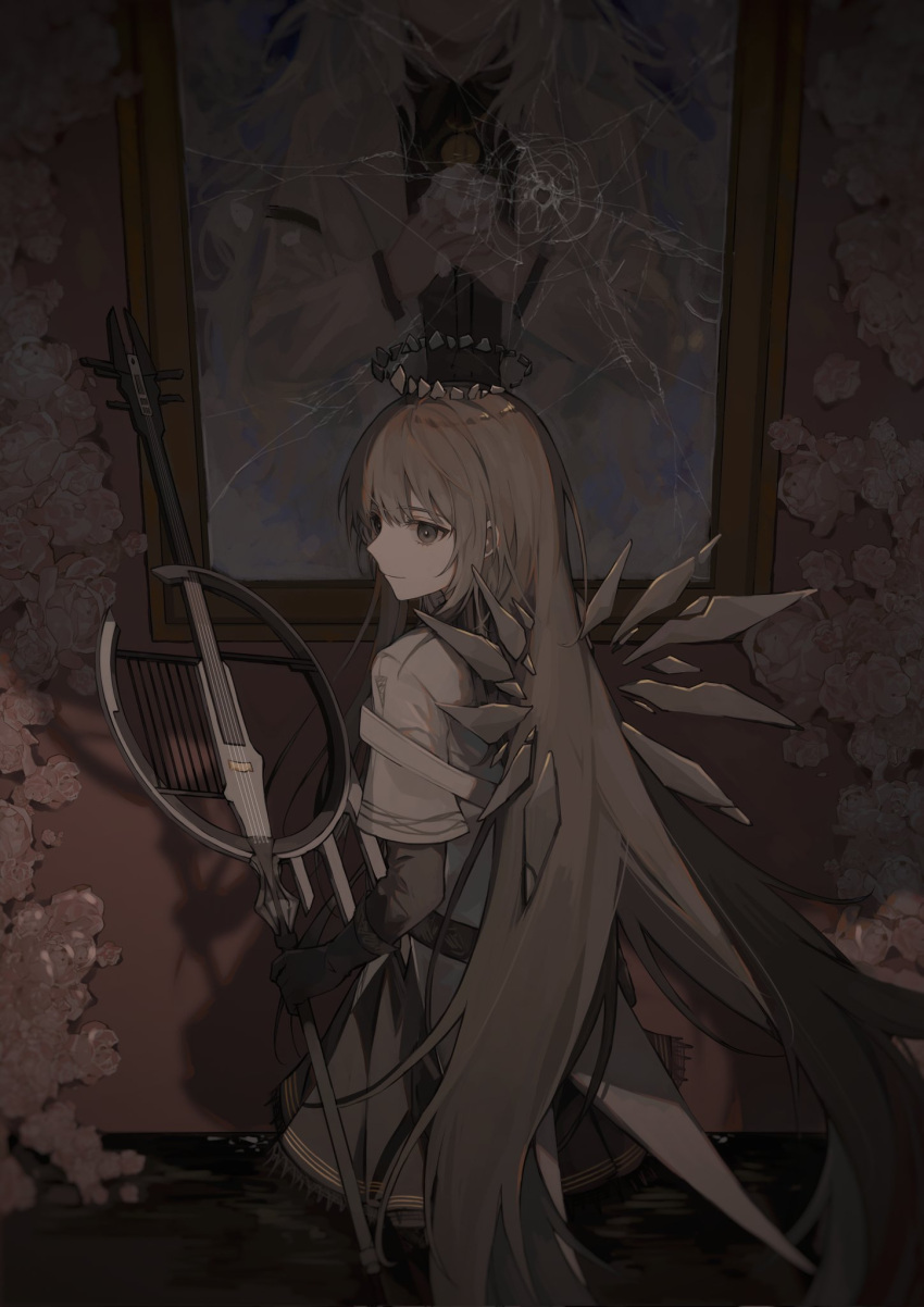 1boy, 1girl, arknights, bangs, brown_eyes, brown_hair, clothing_request, commentary, cropped_head, halo, highres, holding, holding_weapon, indoors, kreide_(arknights), long_hair, looking_at_viewer, looking_back, mechanical_wings, muted_color, own_hands_clasped, own_hands_together, photo_(object), sidelocks, tagme, uncleko5, virtuosa_(arknights), weapon, white_hair, wings