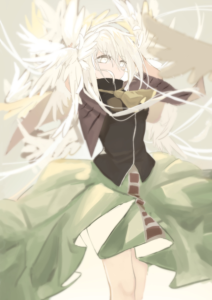 1girl, absurdres, ascot, black_shirt, feathers, green_skirt, highres, len'en