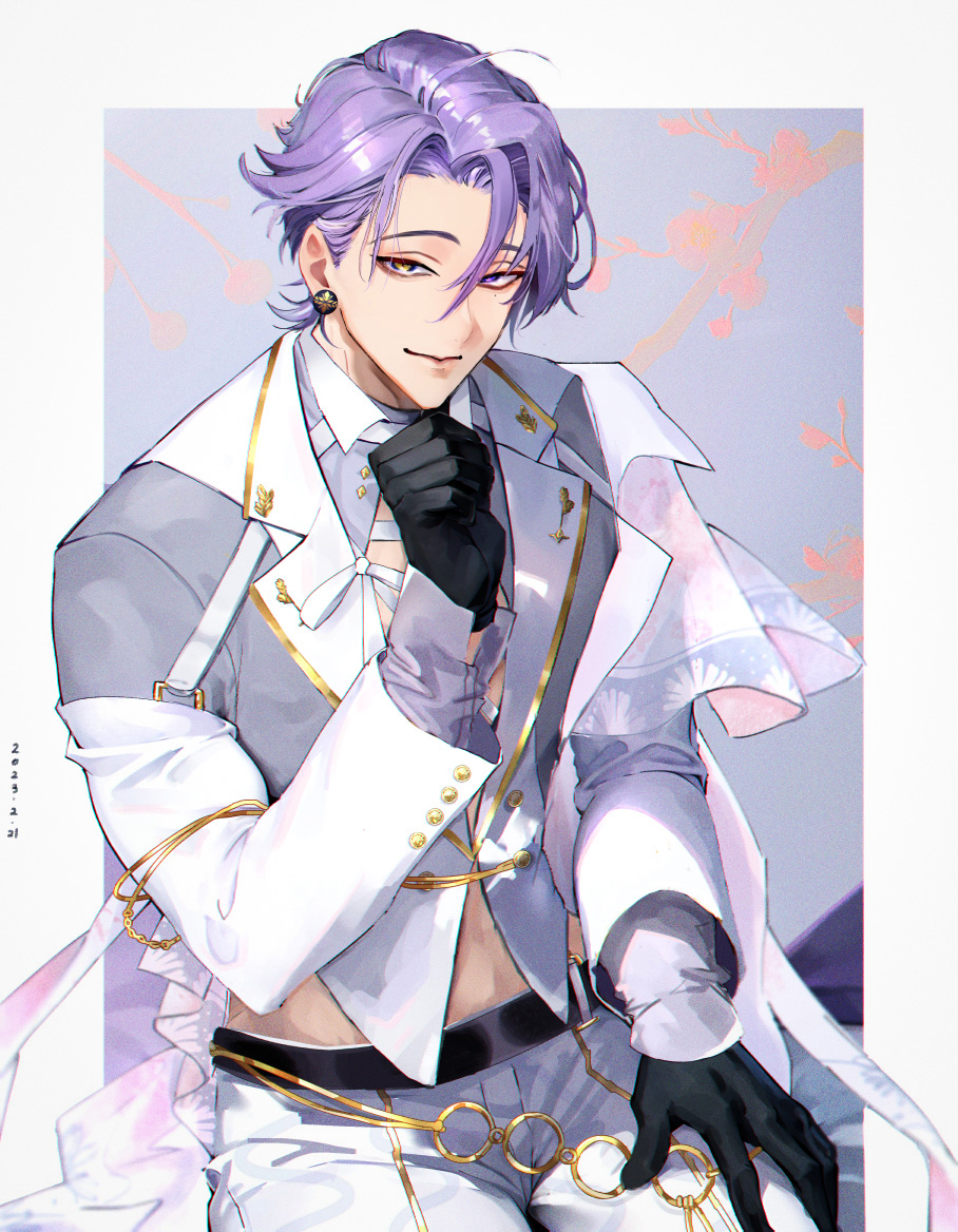 1boy, bishounen, black_gloves, earrings, gloves, heterochromia, jewelry, kuya_(nu_carnival), long_sleeves, looking_at_viewer, male_focus, mole, mole_under_eye, nu_carnival, official_alternate_costume, owner_bird, purple_hair, short_hair, violet_eyes, yellow_eyes