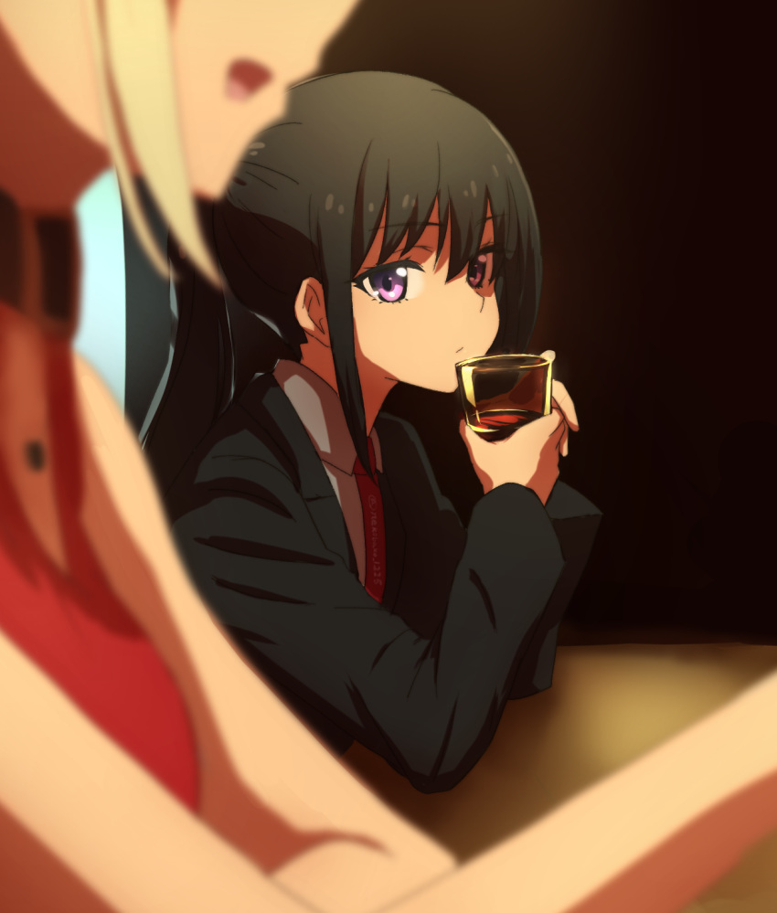 2girls, bangs, black_hair, black_jacket, blazer, blonde_hair, blue_eyes, blurry