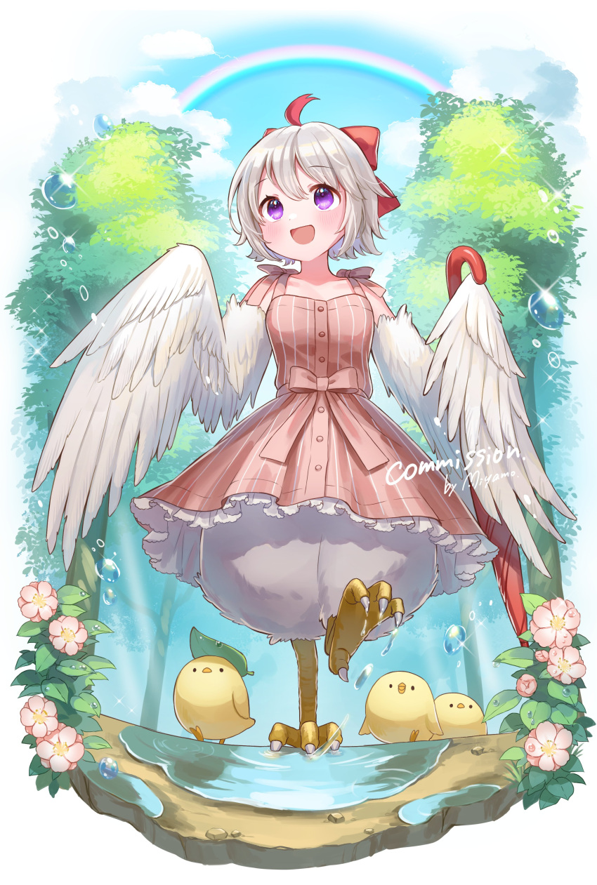 1girl, absurdres, ahoge, artist_name, bare_shoulders, bird, bird_legs, bow