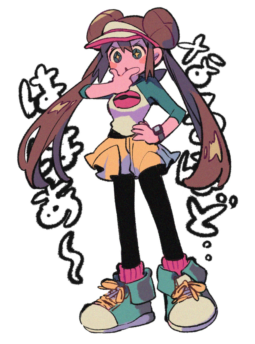 +_+, 1girl, :o, black_pantyhose, blush_stickers, brown_hair, commentary_request, double_bun