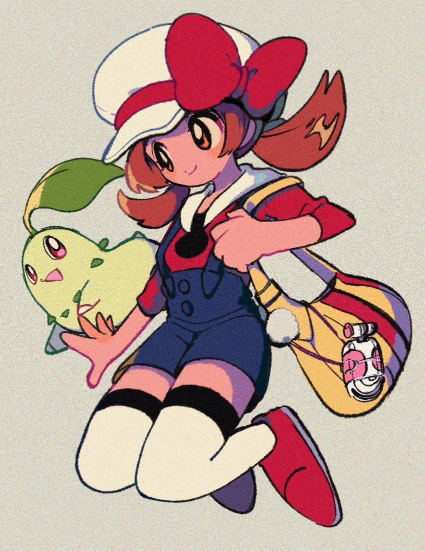 1girl, blue_overalls, blush, bow, brown_eyes, brown_hair, cabbie_hat, chikorita