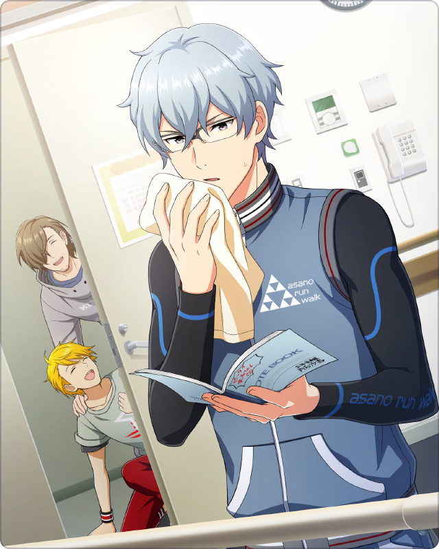 3boys, blonde_hair, book, brown_hair, closed_eyes, facial_hair, glasses, goatee