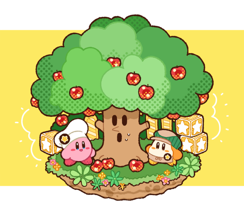 :d, apple, apron, blue_eyes, blush, blush_stickers, brown_apron, brown_eyes