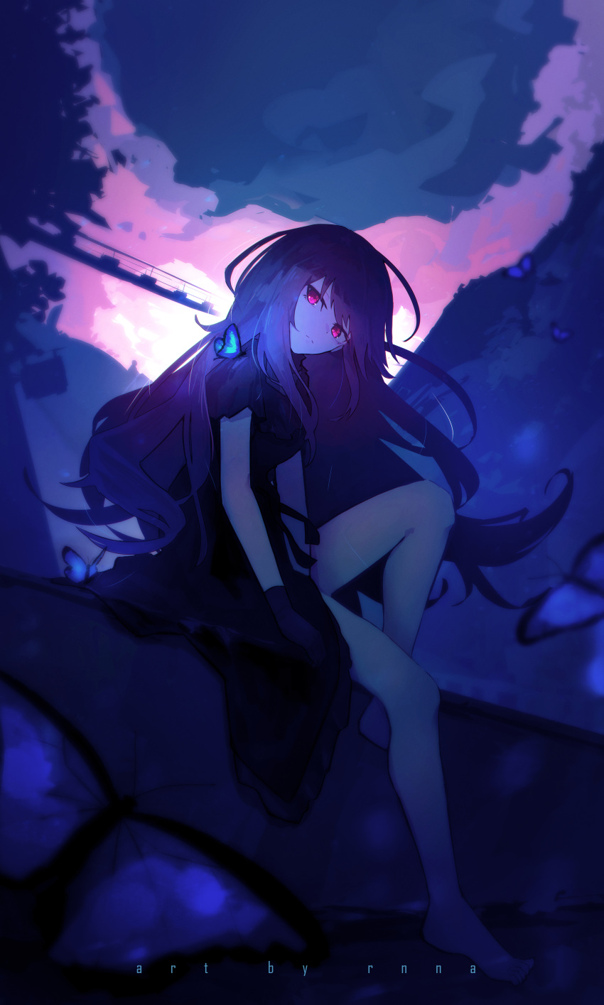 1girl, absurdres, barefoot, black_dress, black_gloves, blue_butterfly, bug, butterfly