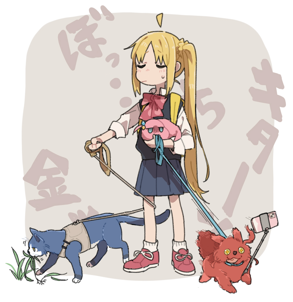 +_+, 4girls, ahoge, animalization, backpack, bag, black_sweater, blonde_hair, blue_skirt, bocchi_the_rock!, bow, bowtie, cat, cellphone, closed_eyes, closed_mouth, dog, gloom_(expression), gotou_hitori_(tsuchinoko), grass, holding, holding_leash, ijichi_nijika, jitome, kita_ikuyo, leash, long_hair, long_sleeves, multiple_girls, phone, red_bow, red_bowtie, red_footwear, ree_(re-19), selfie_stick, shirt, shoes, side_ponytail, skirt, sleeves_rolled_up, sneakers, socks, speed_lines, standing, sweatdrop, sweater, sweater_vest, tsuchinoko, white_shirt, white_socks, yamada_ryou, yellow_eyes