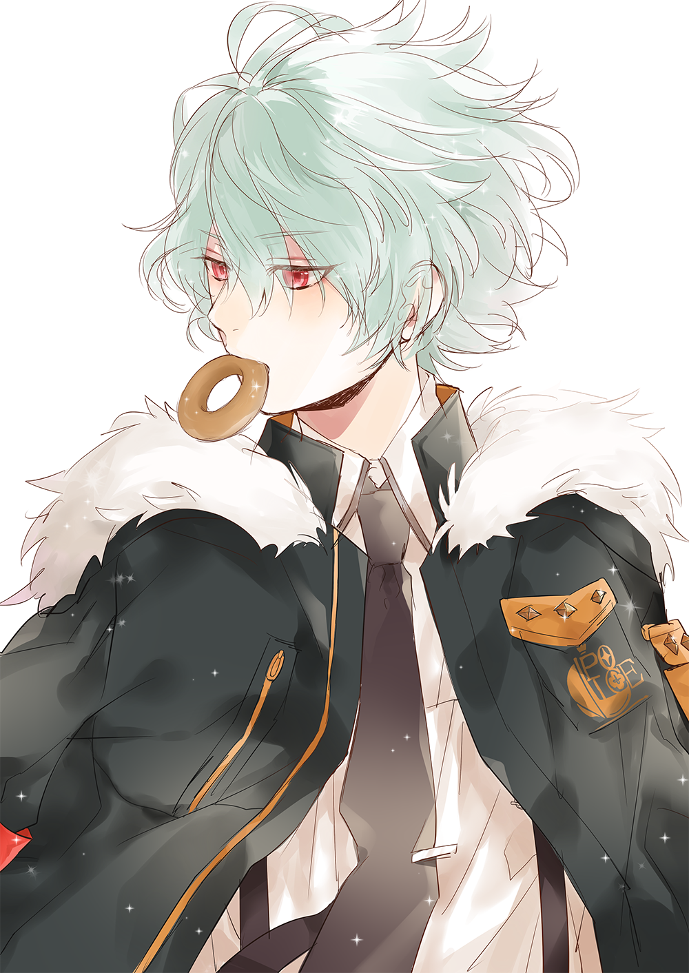 1boy, aqua_hair, black_jacket, black_necktie, blush, collar_x_malice, collared_shirt, doughnut, food, food_in_mouth, fur-trimmed_jacket, fur_trim, highres, jacket, long_sleeves, looking_to_the_side, male_focus, necktie, red_eyes, sasazuka_takeru, shirt, short_hair, solo, suspenders, white_background, white_shirt, yukiralu