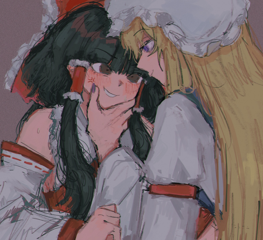 2girls, anger_vein, bare_shoulders, black_eyes, black_hair, blonde_hair, bow, detached_sleeves