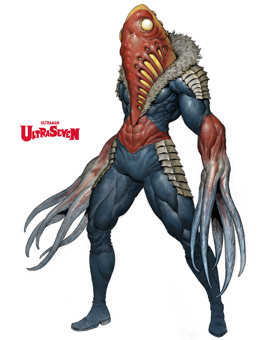 colored_skin, commentary_request, copyright_name, english_text, full_body, fur_trim, kaijuu, metron_seijin