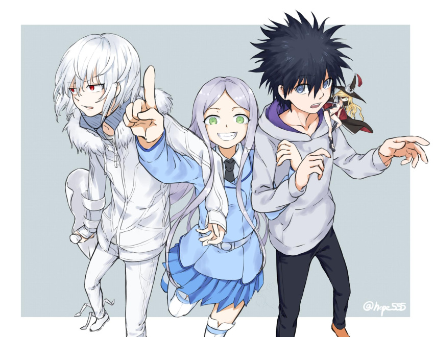 2boys, 2girls, accelerator_(toaru_majutsu_no_index), albino, aleister_crowley_(toaru_majutsu_no_index), ambiguous_gender, androgynous, annoyed