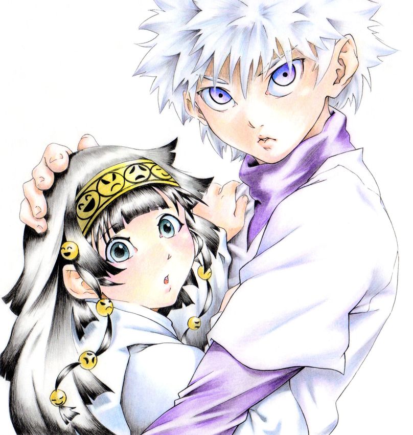 1boy, 1girl, alluka_zoldyck, black_hair, brother_and_sister, hug, hunter_x_hunter, killua_zoldyck, layered_sleeves, long_hair, long_sleeves, shirt, short_hair, short_over_long_sleeves, short_sleeves, siblings, simple_background, upper_body, white_background, white_hair, white_shirt, yasuaki