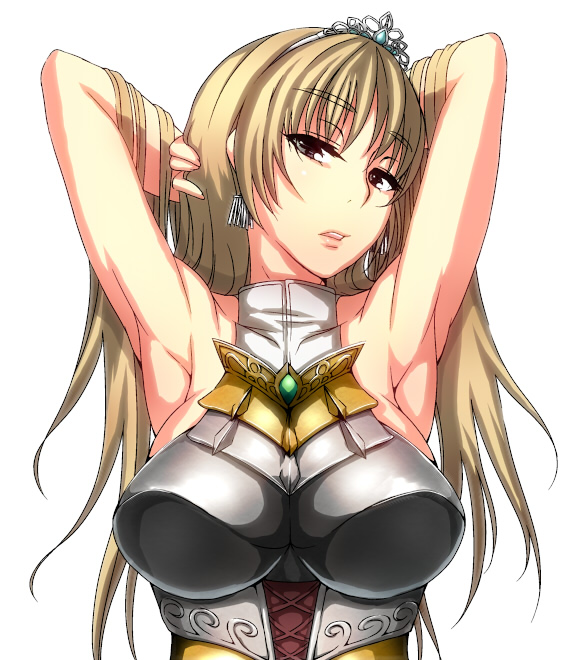 armor, armpits, blonde_hair, breasts, brown_eyes, cisna, kamita, large_breasts, long_hair, shirokishi_monogatari, solo