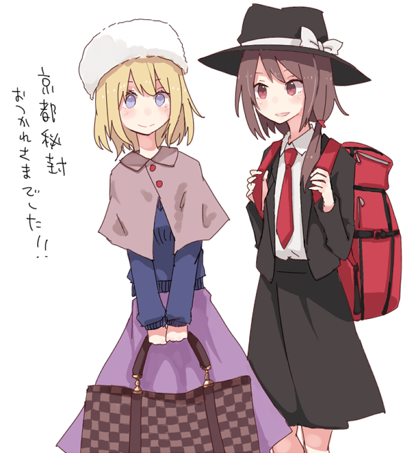 2girls, alternate_costume, backpack, bag, black_skirt, blonde_hair, brown_capelet, brown_hair, capelet, fedora, handbag, hat, holding, holding_bag, low_ponytail, maribel_hearn, multiple_girls, necktie, pink_skirt, purple_sweater, red_eyes, shiroshi_(denpa_eshidan), side_ponytail, skirt, sweater, touhou, translation_request, usami_renko, violet_eyes, winter_hat