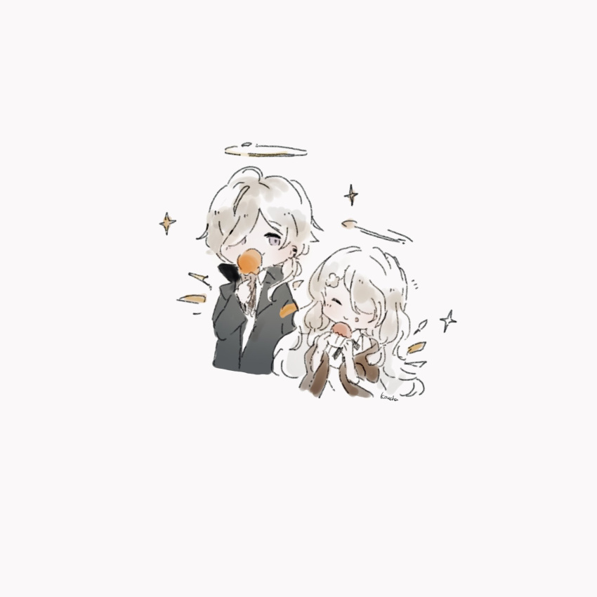 1boy, 1girl, arknights, bangs, black_jacket, brown_wings, cecelia_(arknights), chibi