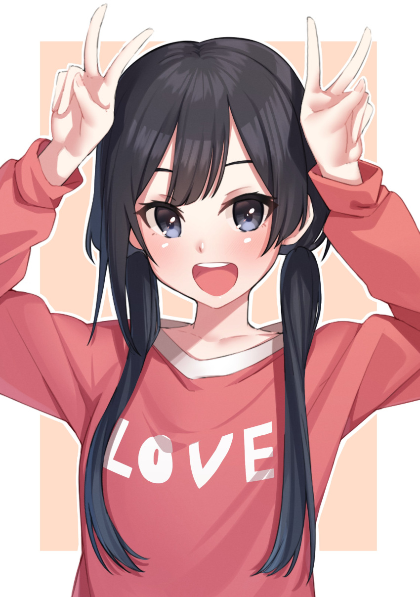 1girl, absurdres, bangs, black_eyes, black_hair, collarbone, commentary, double_v