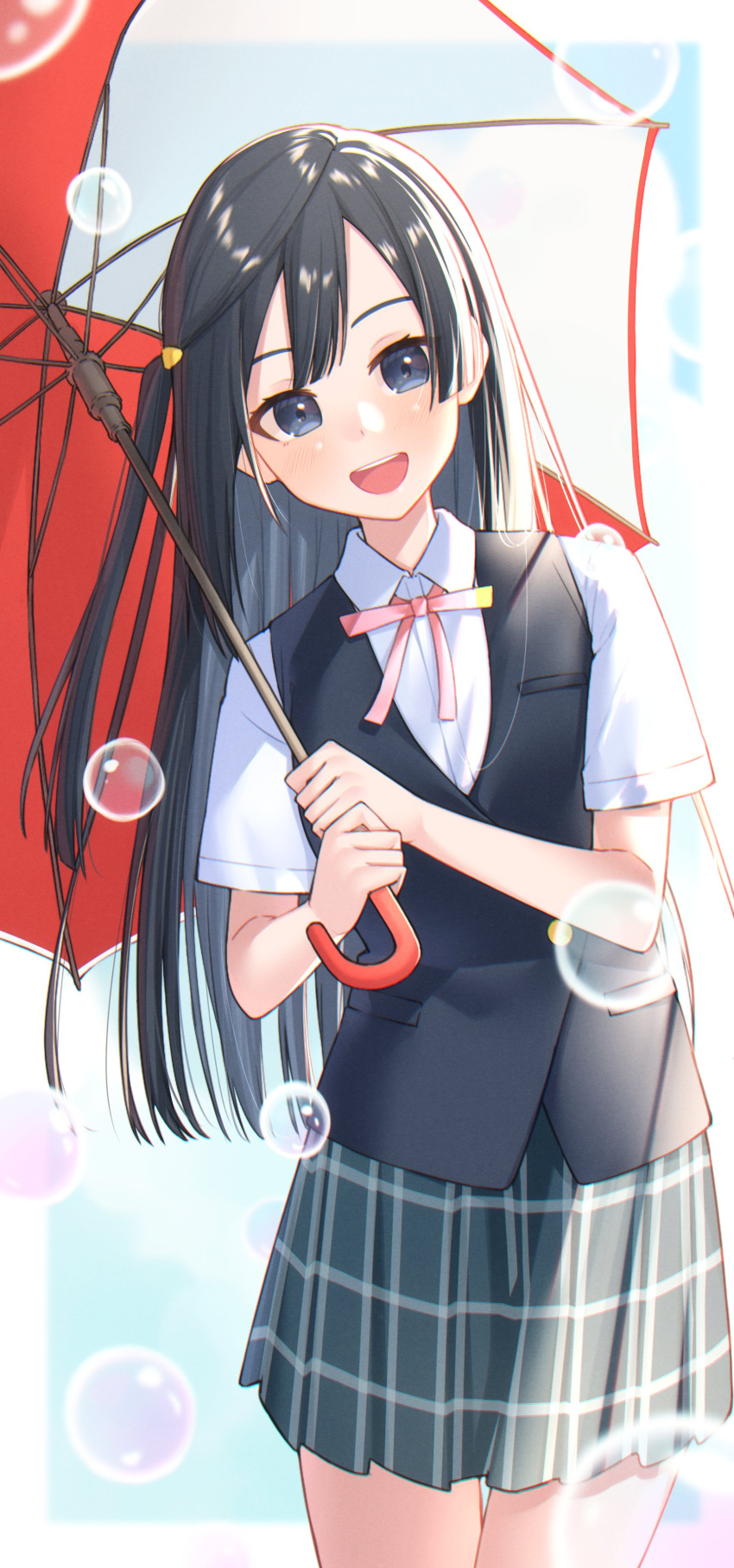 1girl, absurdres, bangs, birthday, black_eyes, black_hair, bubble, commentary