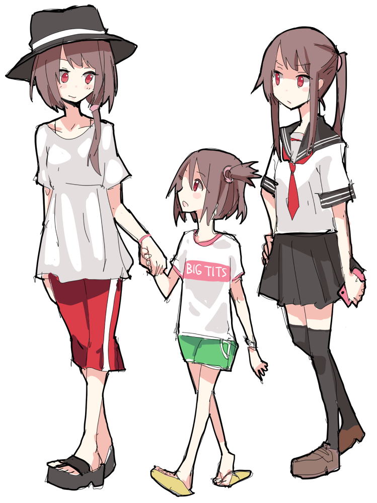 age_difference, alternate_costume, brown_hair, cellphone, clothes_writing, english_text, fedora, full_body, green_shorts, hat, holding, holding_phone, kneehighs, loafers, low_ponytail, multiple_girls, phone, ponytail, red_eyes, red_shorts, related, sailor_collar, sandals, school_uniform, serafuku, shiroshi_(denpa_eshidan), shirt, shoes, short_sleeves, shorts, siblings, side_ponytail, sisters, smartphone, socks, touhou, translation_request, usami_renko, walking, white_shirt
