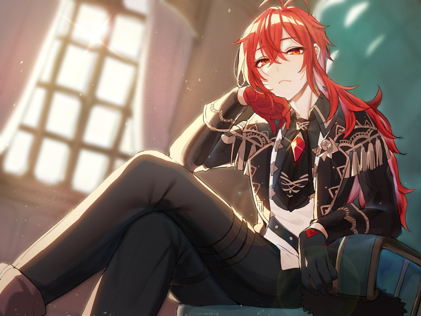 1boy, ascot, asymmetrical_gloves, bangs, black_ascot, black_gloves, black_pants, blurry, blurry_background, chair, closed_mouth, coat, crossed_legs, curtains, diluc_(genshin_impact), fur-trimmed_coat, fur_trim, genshin_impact, gloves, hair_between_eyes, highres, indoors, long_hair, long_sleeves, looking_at_viewer, male_focus, mismatched_gloves, pants, red_eyes, red_gloves, redhead, sakana_no_ike, sitting, solo, sparkle, twitter_username, window