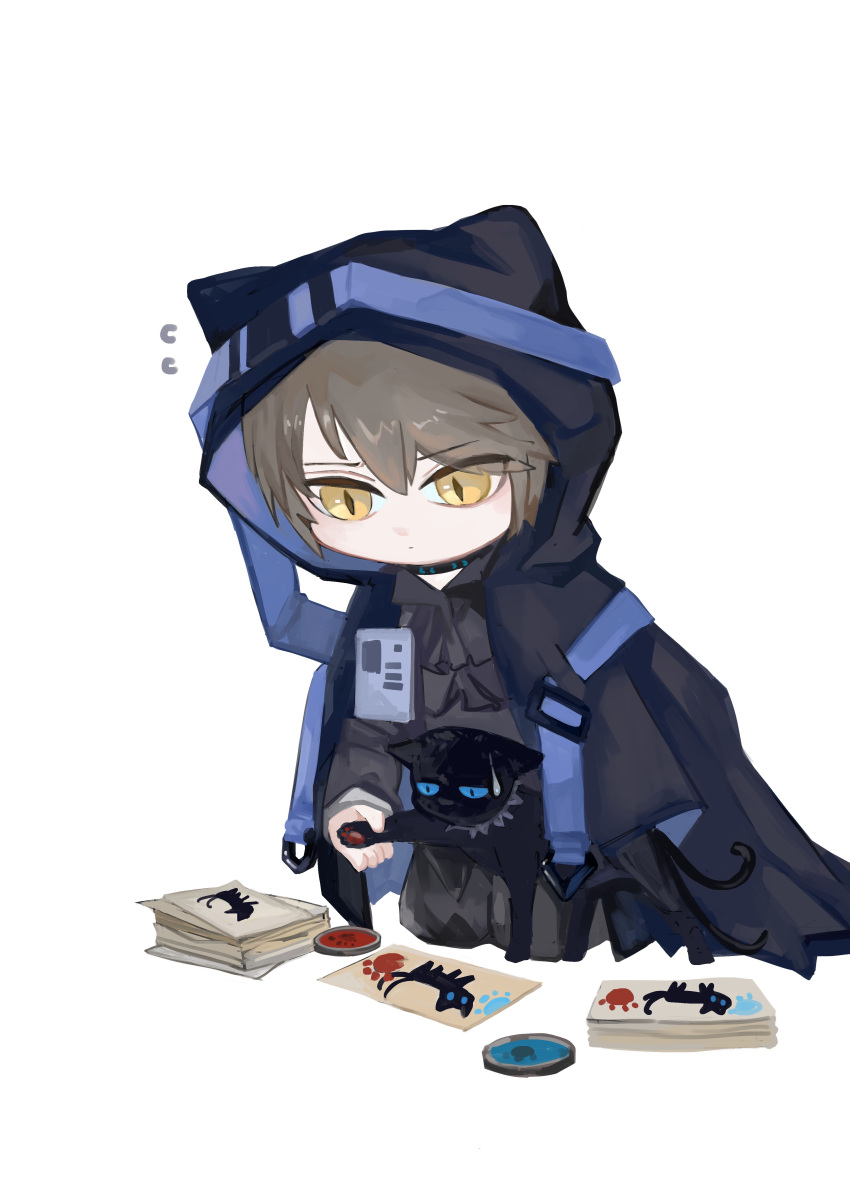 1boy, absurdres, animal, animal_ears, animal_hood, arknights, bangs, black_cat