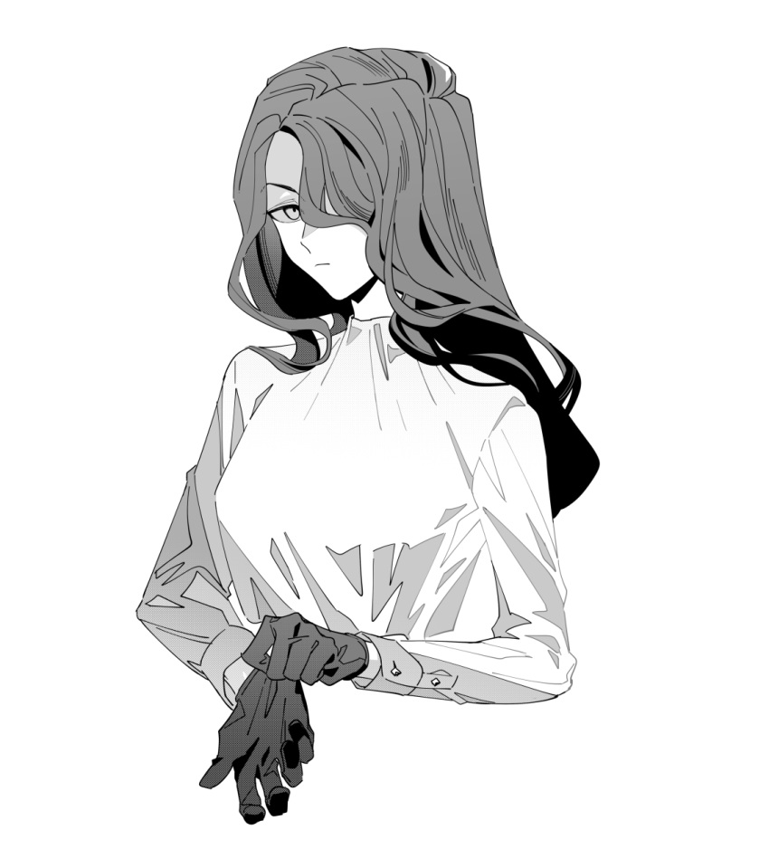 1girl, breasts, commentary_request, expressionless, girls_frontline, gloves, greyscale, hair_over_one_eye