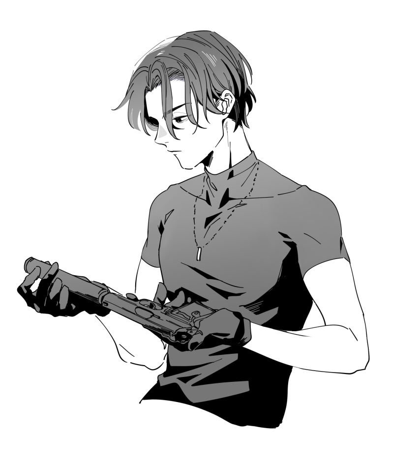 1boy, black_gloves, black_shirt, commentary_request, covered_collarbone, expressionless, girls_frontline, gloves