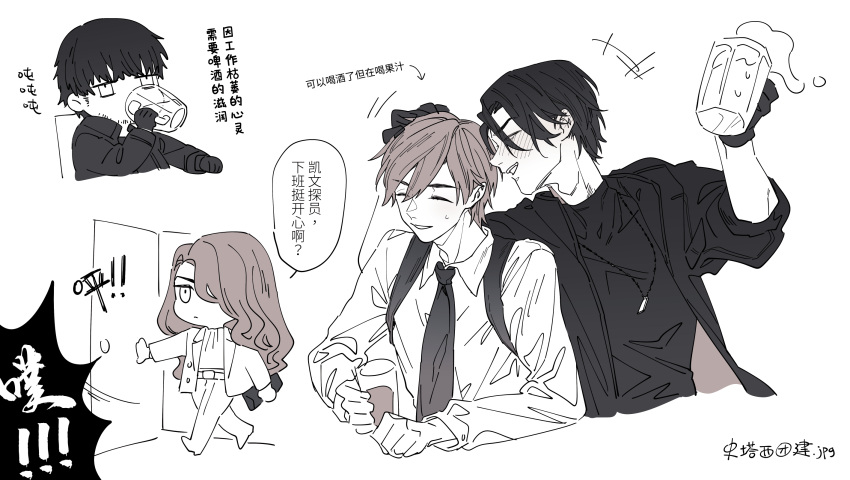 1girl, 3boys, alcohol, beer, beer_mug, black_shirt, blush, chibi