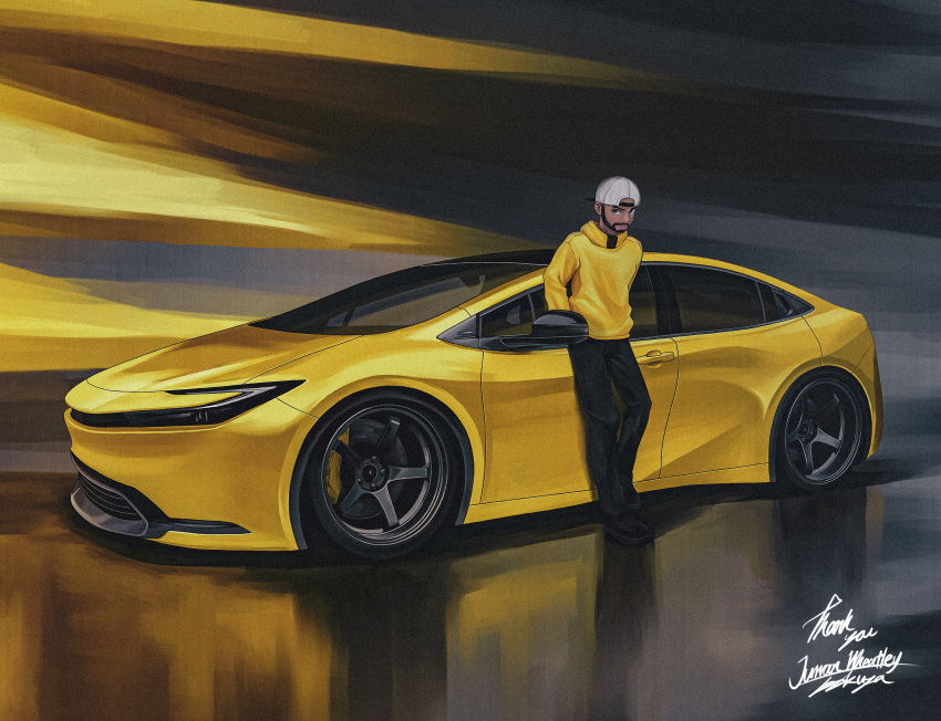 1boy, absurdres, baseball_cap, beard, black_hair, black_pants, bokuya, car