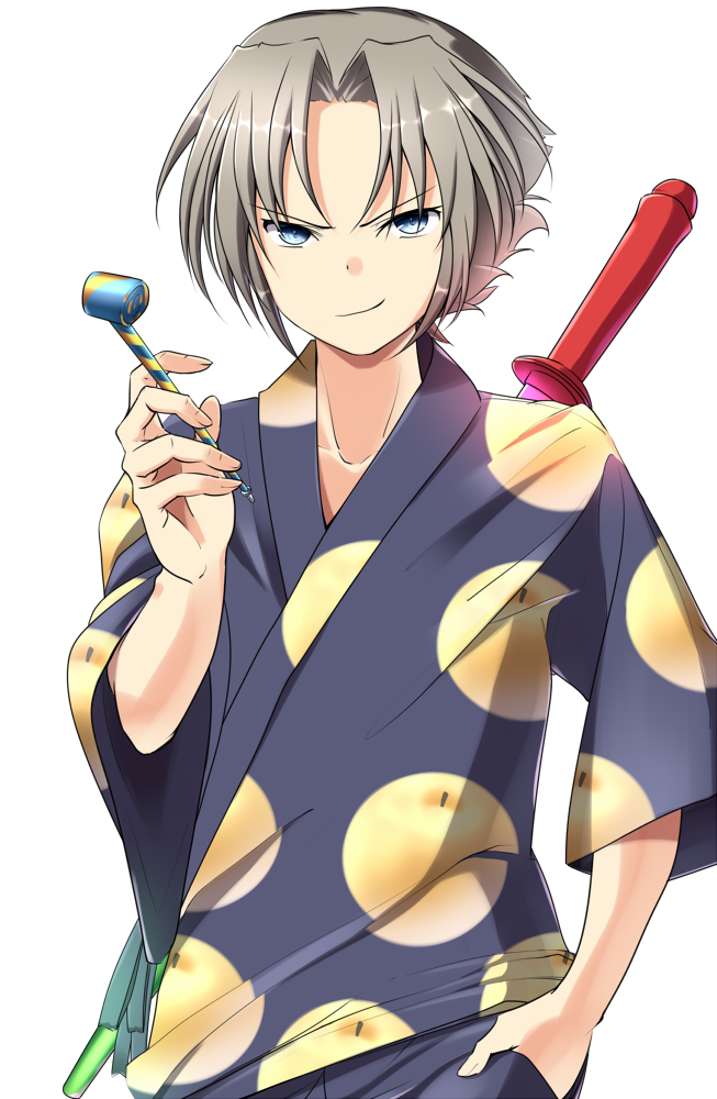 1boy, bangs, blue_eyes, collarbone, facing_viewer, food, fruit, grey_hair
