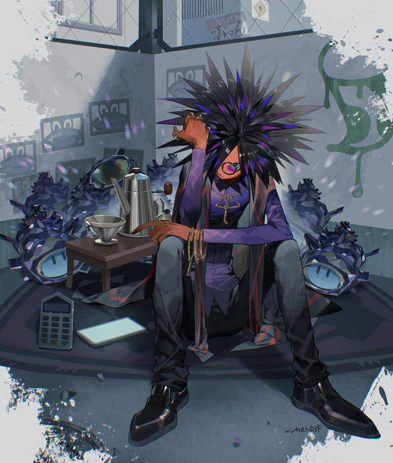 1boy, bangle, black_footwear, black_hair, black_pants, bracelet, calculator, colored_skin