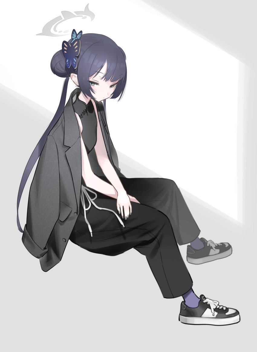 1girl, absurdres, alternate_costume, bangs, black_hair, black_jacket, blue_archive, butterfly_hair_ornament