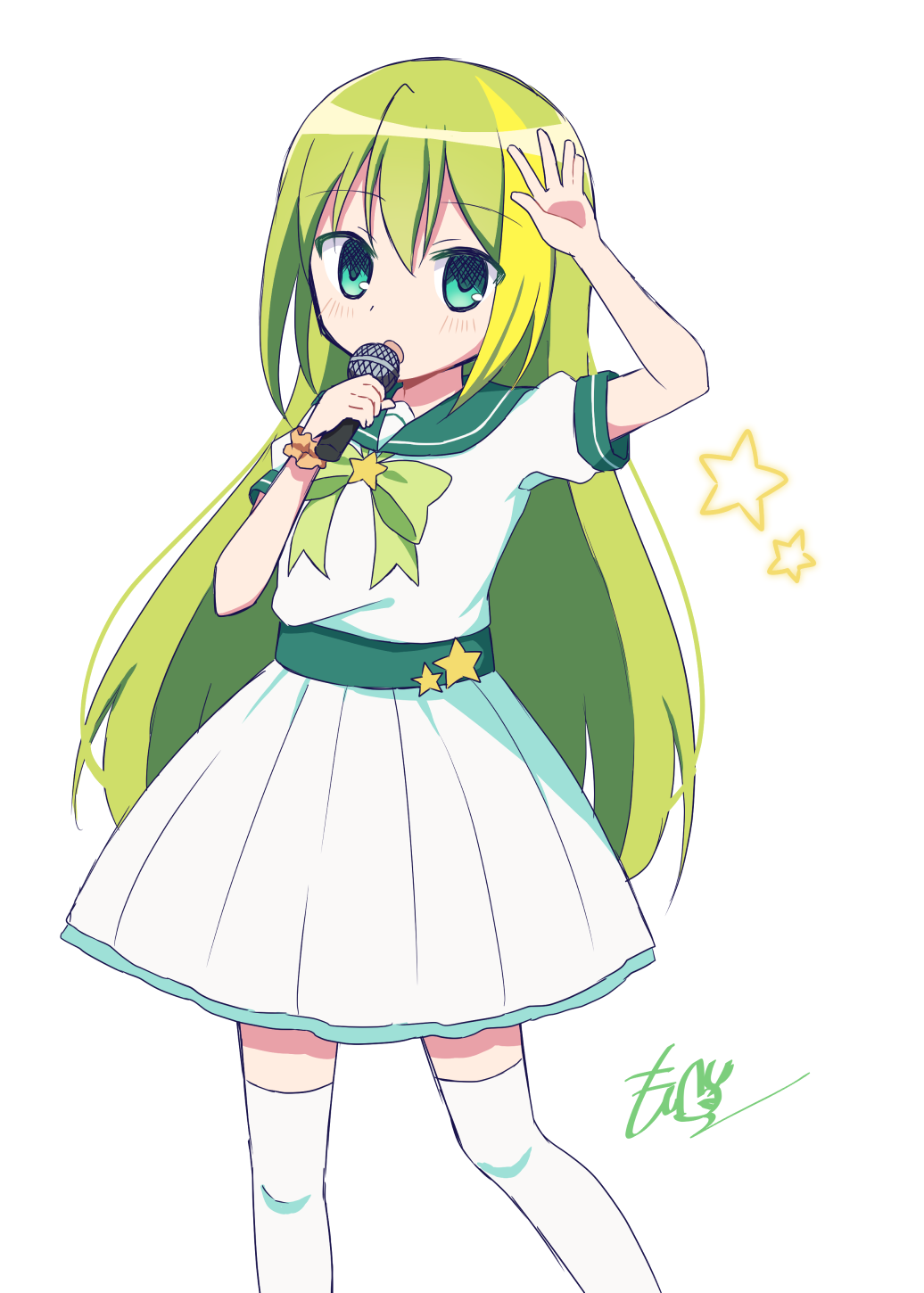 1girl, alina_gray, alternate_costume, aqua_eyes, blonde_hair, bow, dress, green_bow, green_hair, hair_between_eyes, highres, holding, holding_microphone, ichigo_no_yatsuhashi, long_hair, looking_at_viewer, magia_record:_mahou_shoujo_madoka_magica_gaiden, mahou_shoujo_madoka_magica, microphone, multicolored_hair, music, open_mouth, puffy_short_sleeves, puffy_sleeves, sailor_collar, sailor_dress, short_sleeves, sidelocks, simple_background, singing, solo, star_(symbol), straight_hair, streaked_hair, thigh-highs, white_background, white_dress, white_thighhighs