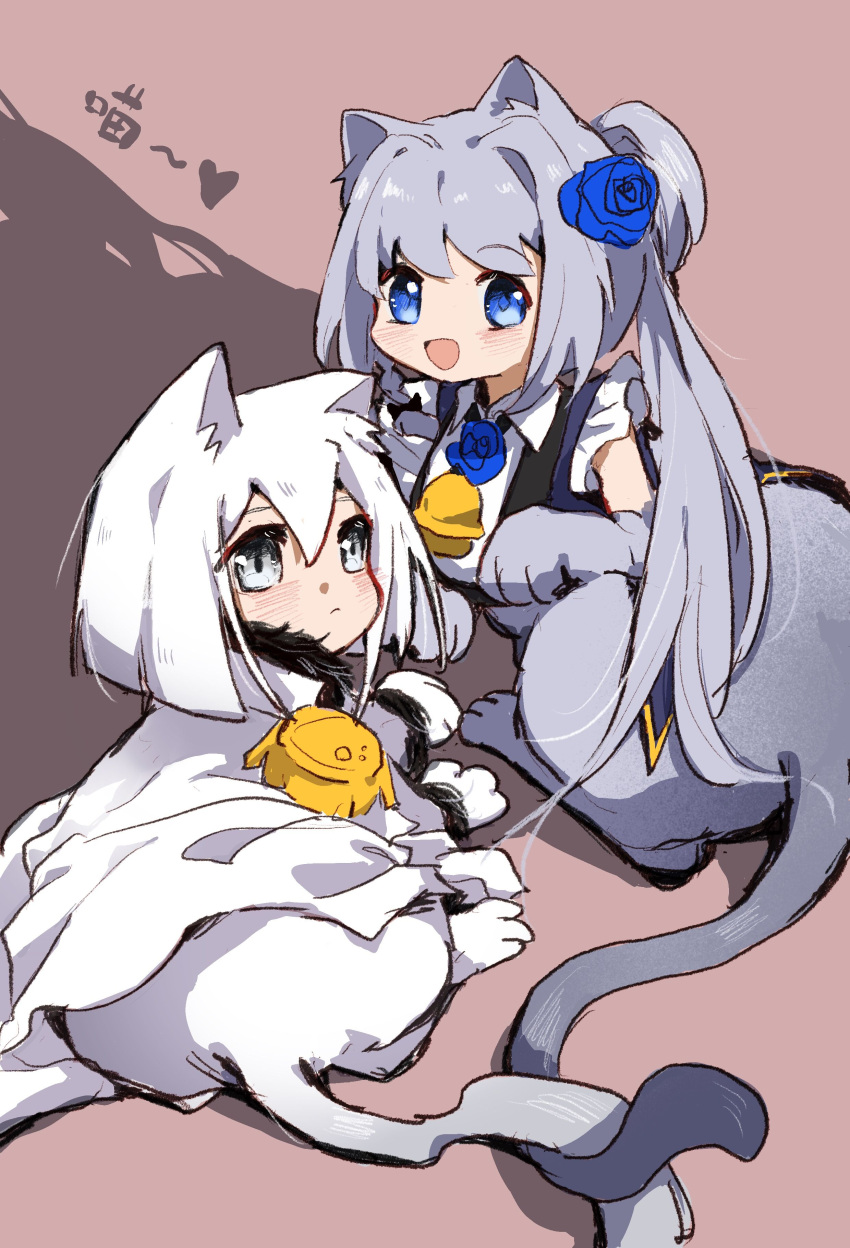 2girls, :d, absurdres, bangs, black_vest, blue_eyes, blue_flower, blue_rose, blunt_ends, blush, braid, cape, closed_mouth, collared_shirt, epaulettes, flower, frilled_sleeves, frills, from_behind, fur-trimmed_cape, fur-trimmed_sleeves, fur_trim, grey_eyes, grey_fur, grey_hair, hair_between_eyes, hair_flower, hair_ornament, heart, high_collar, highres, izumi_kanagi, long_sleeves, looking_at_viewer, lying, magia_record:_mahou_shoujo_madoka_magica_gaiden, magical_girl, mahou_shoujo_madoka_magica, moldy_edge, multiple_girls, neck_flower, no_headwear, no_nose, open_mouth, ponytail, rose, shirt, short_hair, short_sleeves, side_braid, sidelocks, smile, swept_bangs, taur, vest, white_cape, white_fur, white_hair, white_shirt, yakumo_mitama