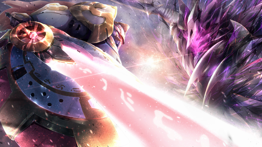 1boy, 1other, ags_(last_origin), arm_blade, armor, cape, clash, close-up