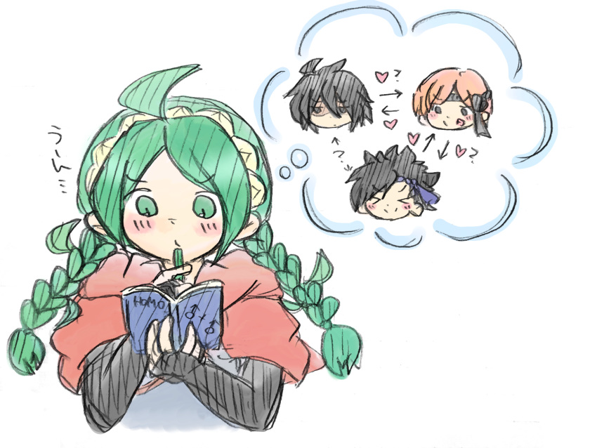 1girl, ahoge, asugi_(fire_emblem), bangs, blue_eyes, book, braid, dwyer_(fire_emblem)