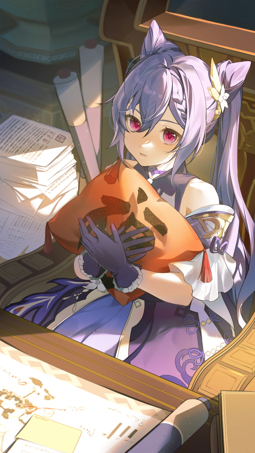 1girl, absurdres, bananakeki, bangs, book, chair, cone_hair_bun, cushion