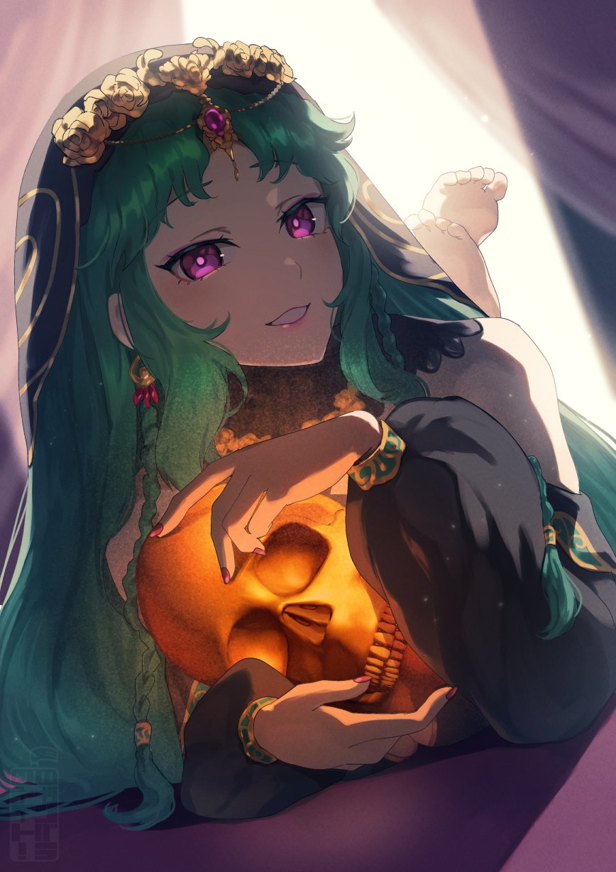 1girl, arabian_clothes, bangs, bare_shoulders, barefoot, braid, commentary_request, earrings, fate/grand_order, fate_(series), fingernails, green_hair, grin, hair_ornament, highres, holding, holding_skull, jewelry, lips, long_hair, looking_back, lying, pink_lips, pink_nails, salome_(fate), skull, smile, solo, teria_(teriarian), toes, veil, very_long_hair, violet_eyes